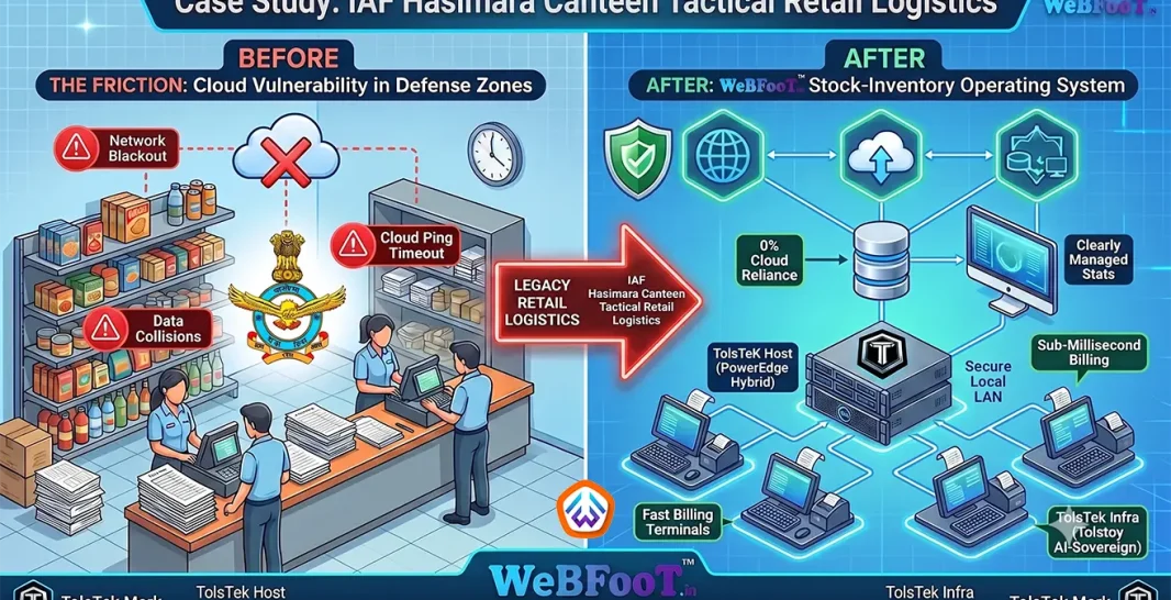 Architectural diagram showing the IAF Hasimara Canteen transition from cloud-vulnerable POS to an air-gapped WeBFooT Stock-Inventory OS using a local TolsTeK Host server.