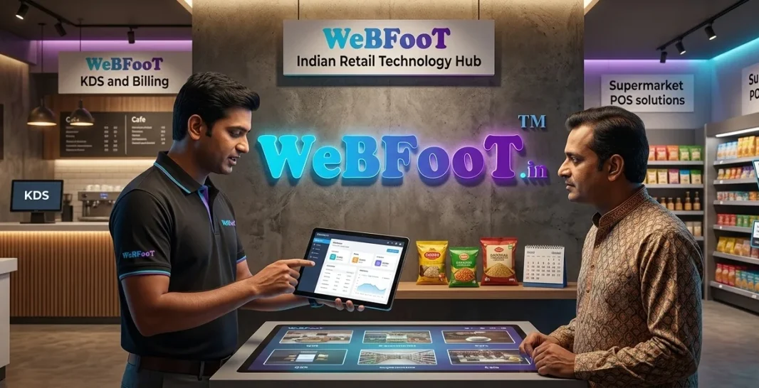 An illustrative banner featuring the WeBFooT logo, a shopping cart icon, a shopping bag, and product displays, representing retail and inventory management solutions.