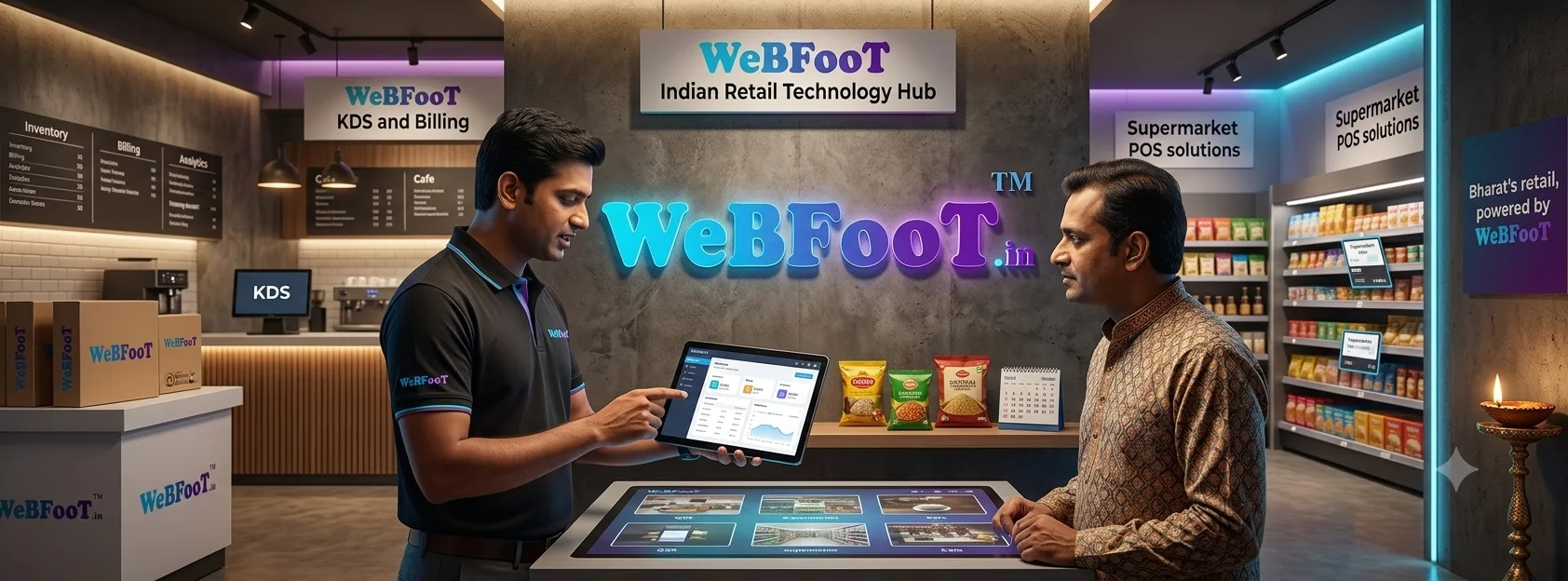 An illustrative banner featuring the WeBFooT logo, a shopping cart icon, a shopping bag, and product displays, representing retail and inventory management solutions.
