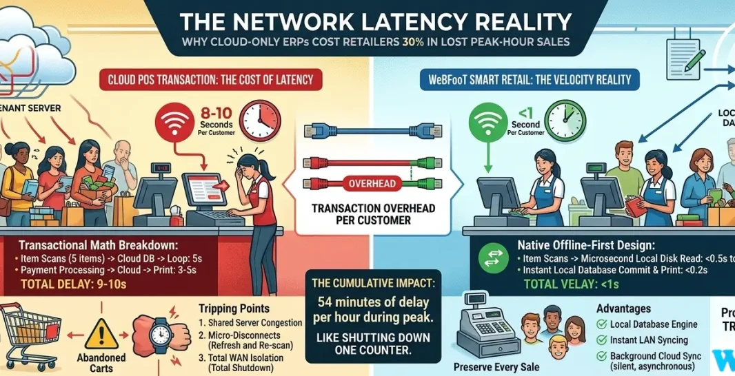 Infographic comparing cloud POS transaction latency versus WeBFooT offline-first local retail architecture, highlighting peak-hour revenue loss.
