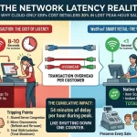 Infographic comparing cloud POS transaction latency versus WeBFooT offline-first local retail architecture, highlighting peak-hour revenue loss.