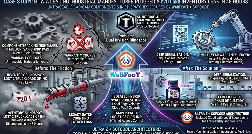 Case study infographic for Tolstoy/Tolstek manufacturing showing how WeBFooT Ultra Z deep serialization and barcode technology plugged a ₹20 Lakh inventory leak and established a tamper-proof chain of custody for CAD/CAM parts and industrial ink in 48 hours.