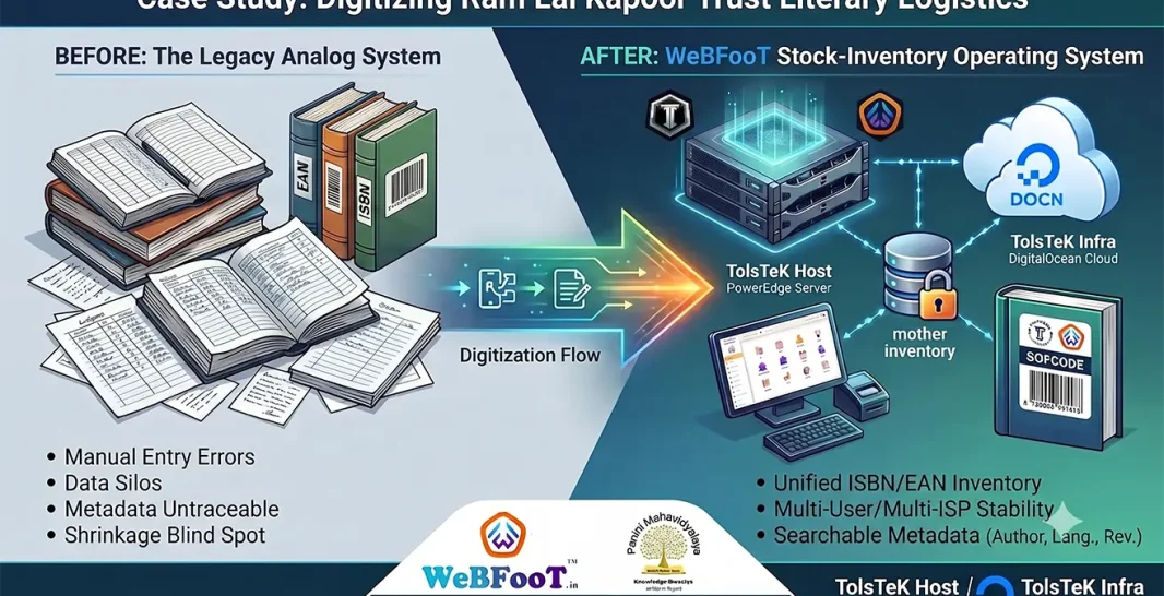 Architectural diagram illustrating the transition of Ram Lal Kapoor Trust from manual pen-and-paper ledgers to WeBFooT Stock-Inventory OS, featuring TolsTeK Host, DigitalOcean cloud sync, and unified EAN/ISBN tracking.