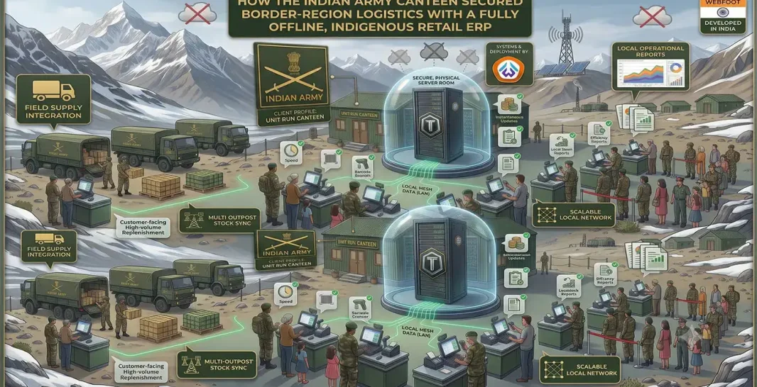 Infographic detailing the WeBFooT fully offline retail ERP and air-gapped TolsTeK server architecture deployed at a high-altitude Indian Army unit run canteen.