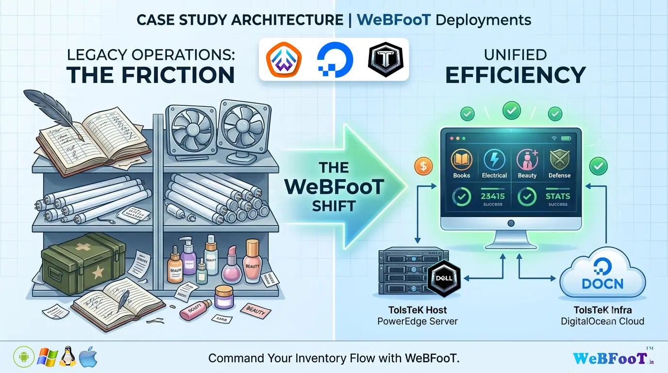 Architectural diagram showing the transition from legacy manual inventory friction to WeBFooT unified efficiency, featuring case study deployments in publishing, electrical maintenance, D2C beauty, and defense using TolsTeK Host and DigitalOcean