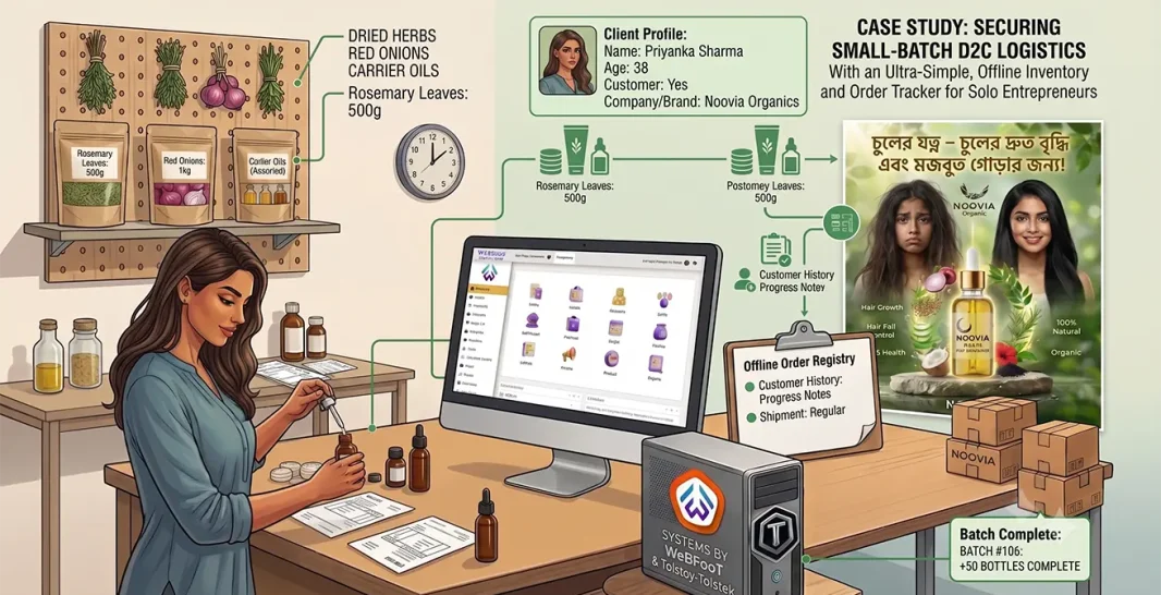 Solo entrepreneur Priyanka Sharma formulating organic hair growth oil in a workspace with an offline WeBFooT retail ERP dashboard, featuring labeled raw material pouches and shipping boxes.